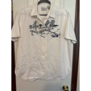 Northern Treasures Embroidered Golf Scene Button Up‎ Shirt Short Sleeve XL